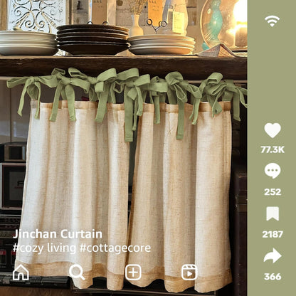 jinchan Linen Tie Top Curtains 36 Inch Length Farmhouse Cafe Curtains Set of 2 for Bedroom Bathroom Rustic Small Windows Light Filtering Crude Panels with Sage Green Ties