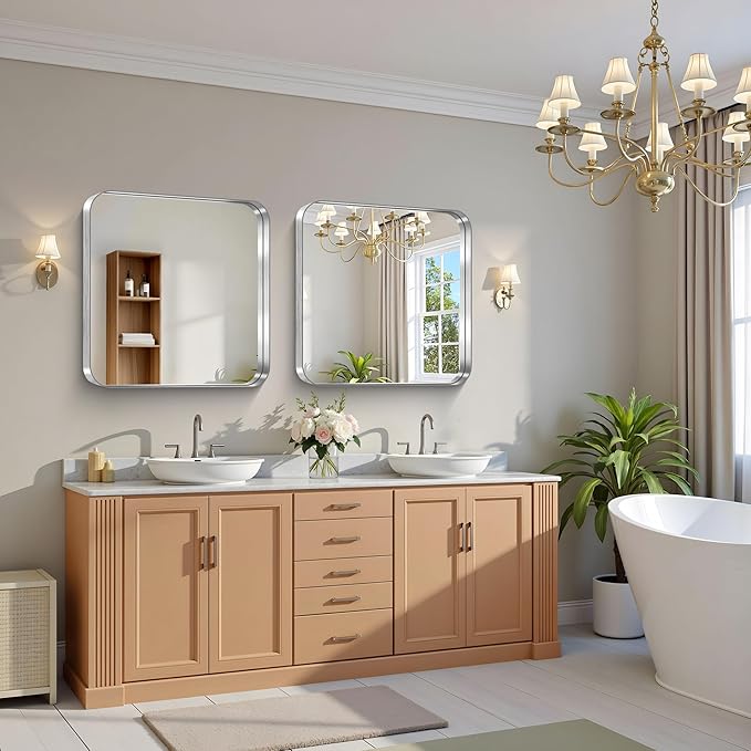 CIRCUMI Silver Bathroom Mirror, Rounded Corner, Tempered Glass, Square Mirror - Image 6