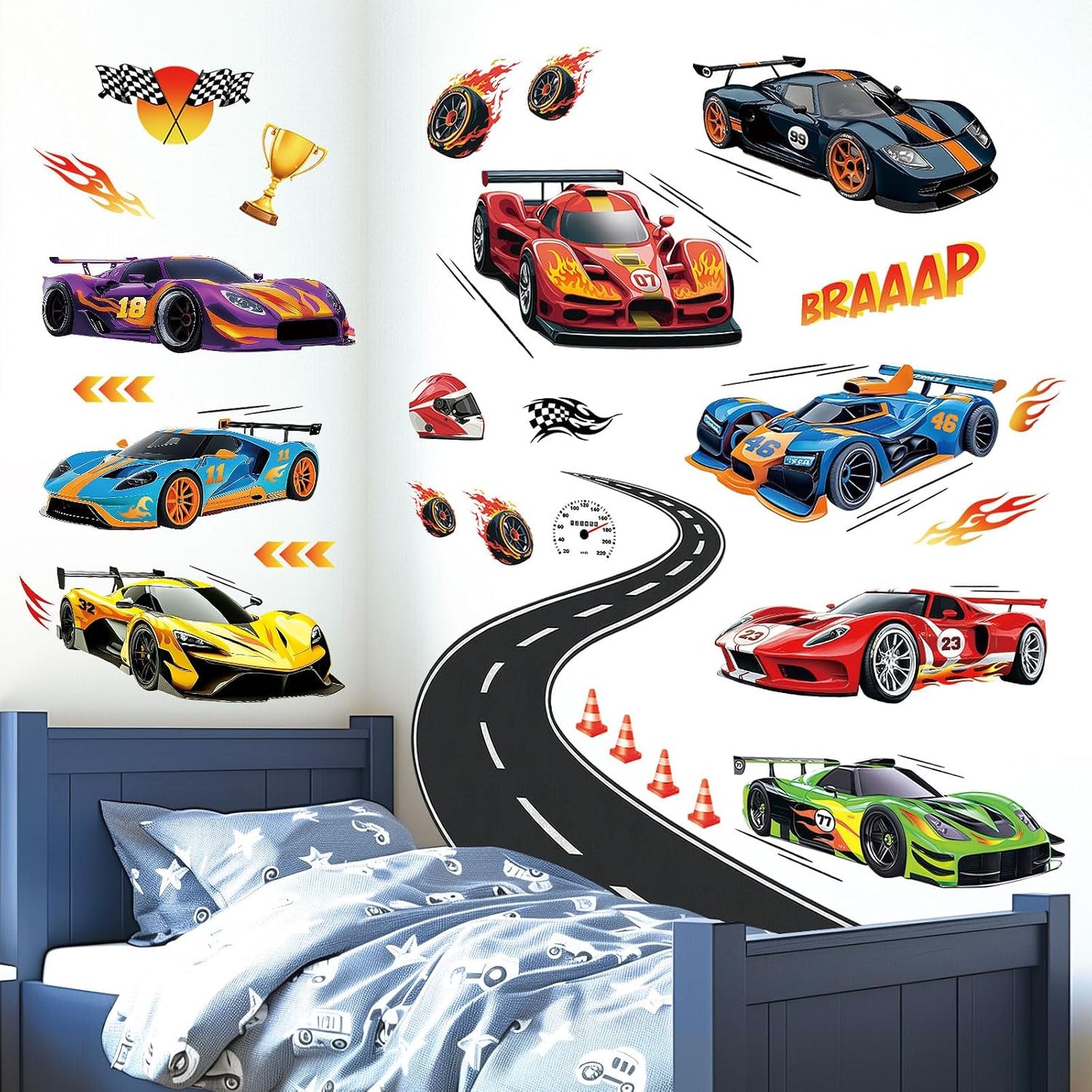 DECOWALL Race Cars & Track Wall Decals Stickers for Kids Bedroom (SG2-2517) | Peel and stick removable Grand Prix decor with sports vehicles, flags, trophy, flames and road for playroom and nursery space
