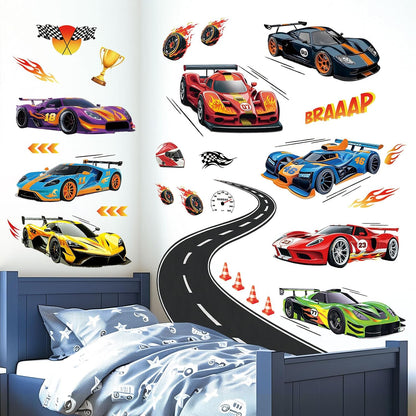 DECOWALL Race Cars & Track Wall Decals Stickers for Kids Bedroom (SG2-2517) | Peel and stick removable Grand Prix decor with sports vehicles, flags, trophy, flames and road for playroom and nursery space