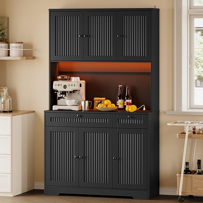 Pantry Cabinet with Charging Station and Light, Tall Kitchen Pantry Storage by BORNOON