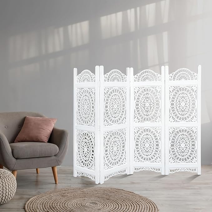 Lightnpro 4-Panel Wooden Room Divider 48 × 64 Inch Antique White Finish by Lightnpro