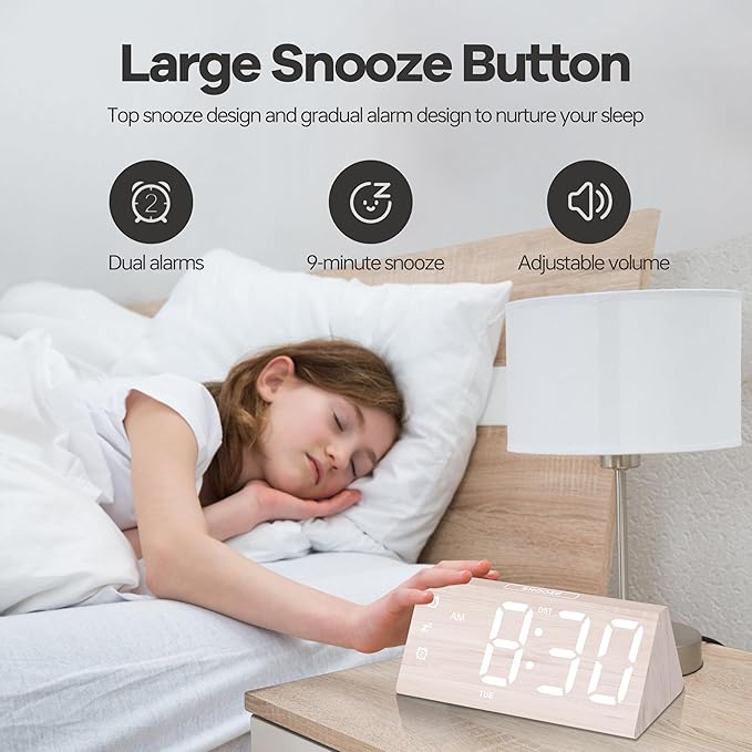 Digital Alarm Clock, with Wooden Electronic LED Time Display, 3 Alarm Settings - Image 5