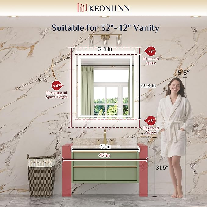 Keonjinn 32" x 36" LED Bathroom Mirror, Frontlit & Backlit Bathroom Mirror - Image 2
