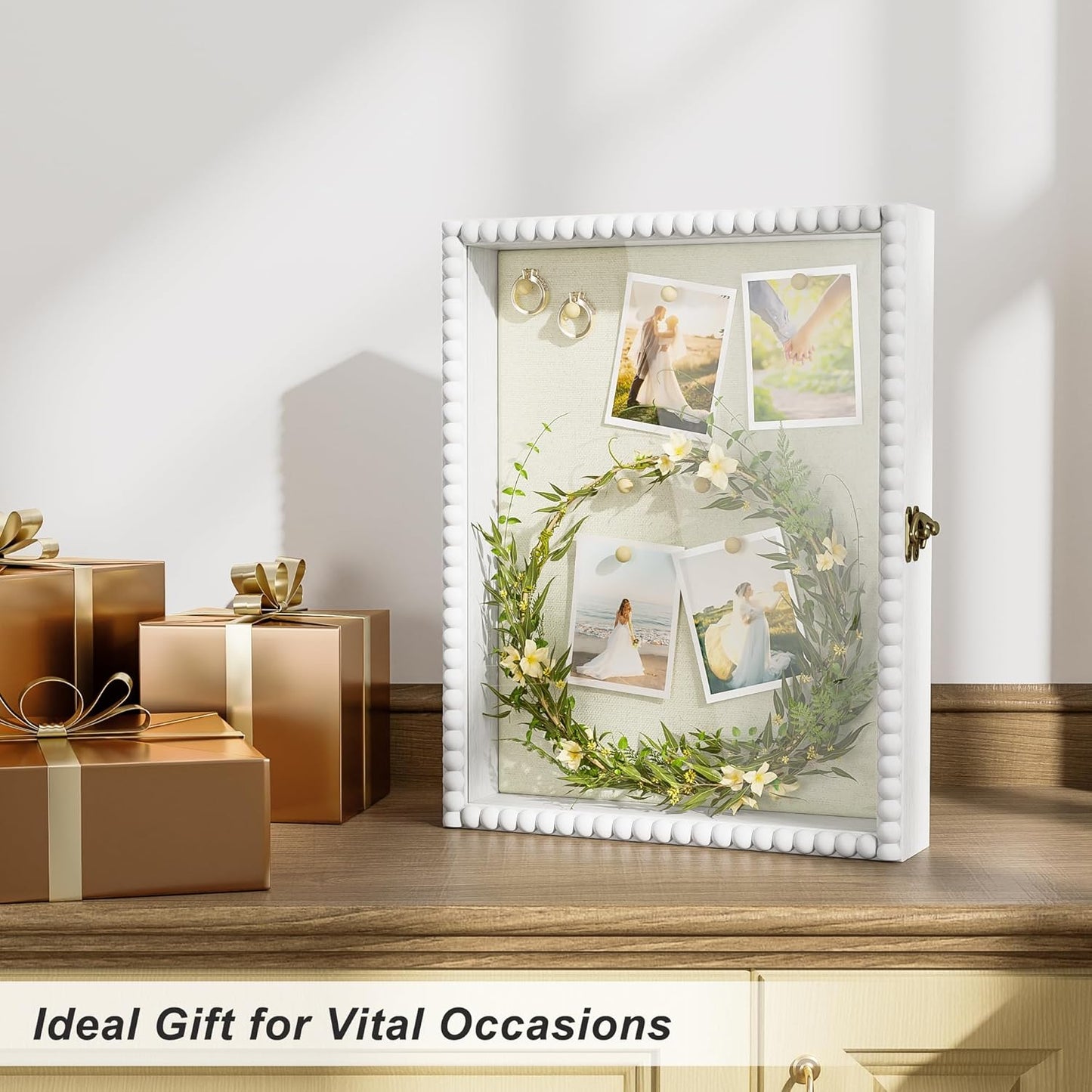 Love-KANKEI Deep Shadow Box Frame 11x14,Unique Solid Wood Beads Frame,White | Front-Opening Glass Door，Metal Latch-Lock,Assembly-Free,Tabletop & Wall-Mount,Memory Box,Gift,Display Photos,Awards,Medals