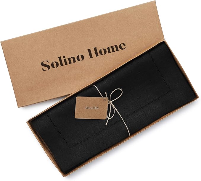 Solino Home Linen Black Table Runner 72 Inches Long - 100% Pure Linen Hemstit...