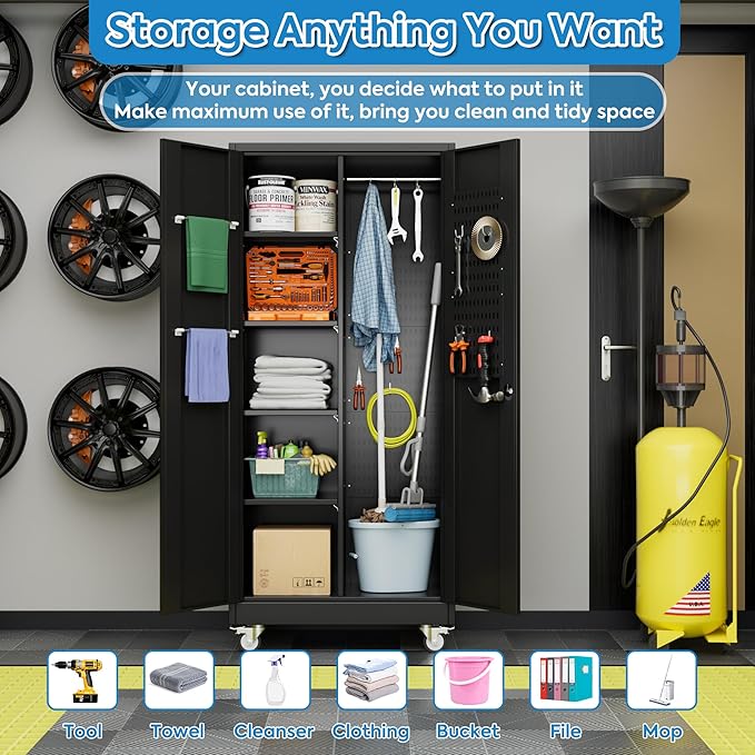 SUXXAN Broom Closet Storage Cabinet with13 Hooks and Hanging Rods, Laundry Room - Image 5