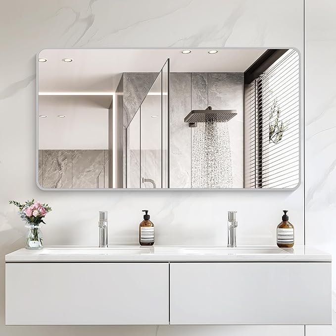 55x30 Inch Silver Bathroom Mirror, Large Rectangular Vanity Mirror, Metal - Image 8