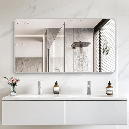 55x30 Inch Silver Bathroom Mirror, Large Rectangular Vanity Mirror, Metal - Image 8