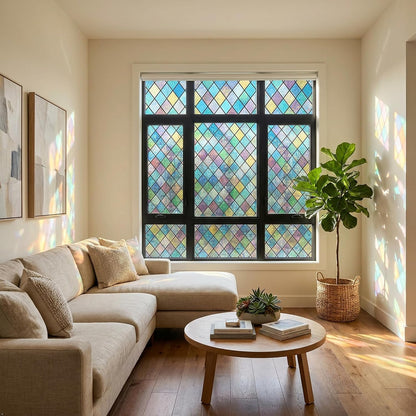 Stained Glass Window Film, Colorful Geometric Diamond, 17.5"x 78.7" | Blocks Clear View, Casts Soft Rainbow Light | Static Cling, No Glue, Residue-Free | UV Blocking, Reusable | For Home & Office