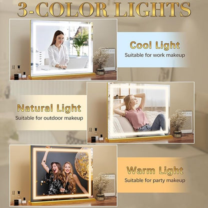 ROLOVE Gold Vanity Mirror with Lights 23x18 Inch, 3-Color Dimmable LED & Touch - Image 3