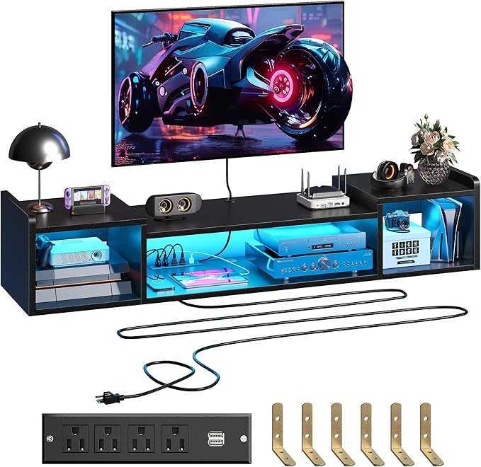 55.1"W Floating TV Stand with LED Lights & Power Outlets by Romorgniz