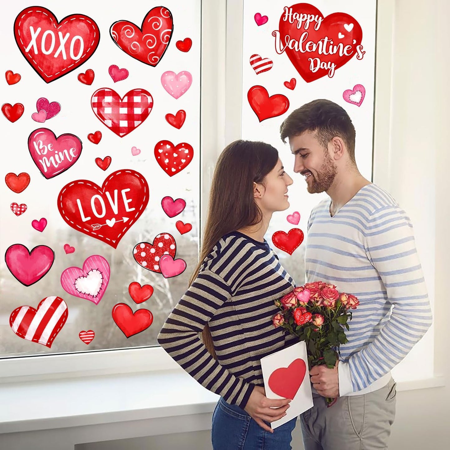 Valentine's Day Window Clings Love Hearts, 76 Pcs Pink Red Heart Large Window Stickers, Happy Valentines Watercolor Double-Sided Glass Decals Decor for Wedding Anniversary Home Party Decorations