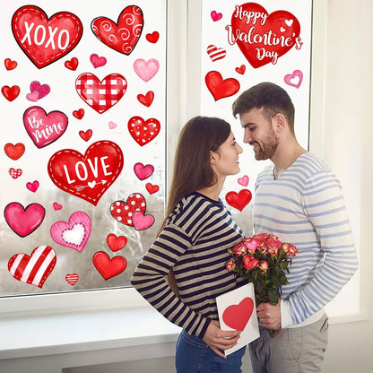Valentine's Day Window Clings Love Hearts, 76 Pcs Pink Red Heart Large Window Stickers, Happy Valentines Watercolor Double-Sided Glass Decals Decor for Wedding Anniversary Home Party Decorations