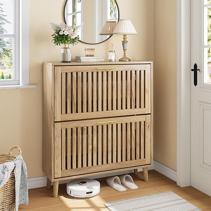 Shoe Storage Cabinet with 2 Flip Slatted Drawers, Narrow Freestanding Shoe by SmartFENDEE