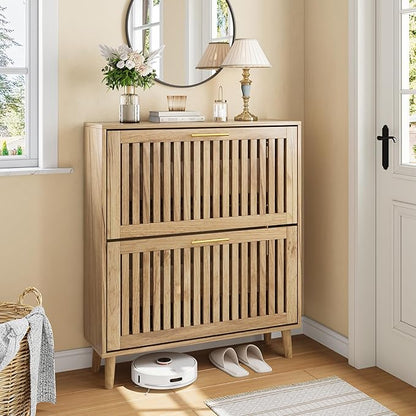 Shoe Storage Cabinet with 2 Flip Slatted Drawers, Narrow Freestanding Shoe by SmartFENDEE