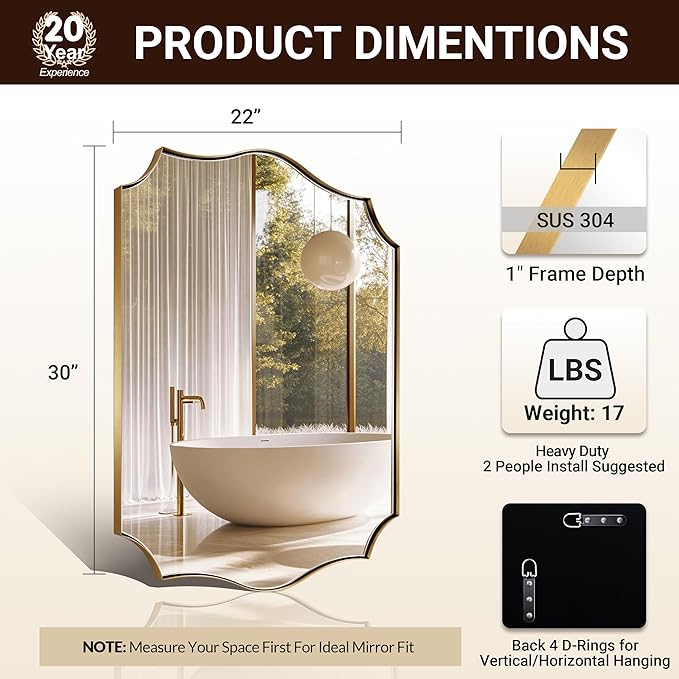 ANDY STAR Gold Vanity Mirror, 22x30 Inch Brushed Gold Mirror - Image 2