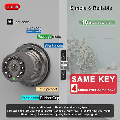 iulock Smart Door Knob with Keypad and Key, Keyless Entry Door Lock with Rubber - Image 2