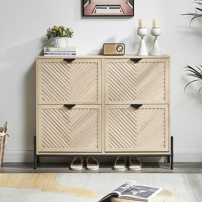 Shoe Cabinet Storage with 4 Flip Drawers, Narrow Hidden Shoes Organizer Cabinet - Image 6