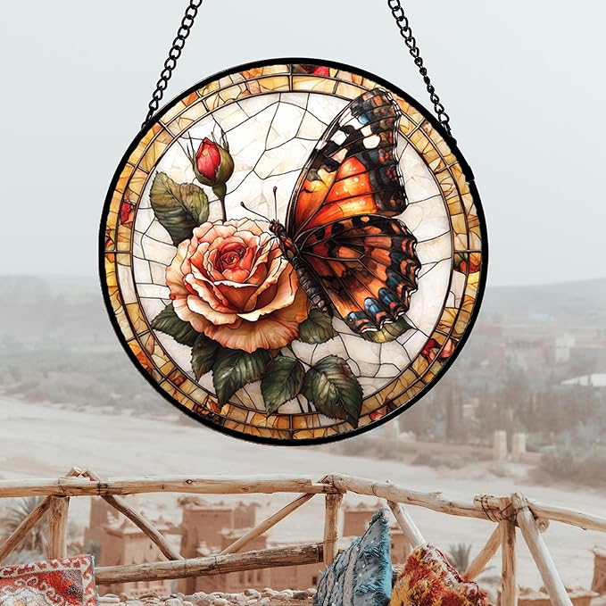 DASTOLL Stained Glass Window Hanging, Butterfly Picking Flowers Suncatcher - Image 2