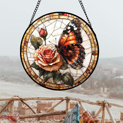 DASTOLL Stained Glass Window Hanging, Butterfly Picking Flowers Suncatcher - Image 2