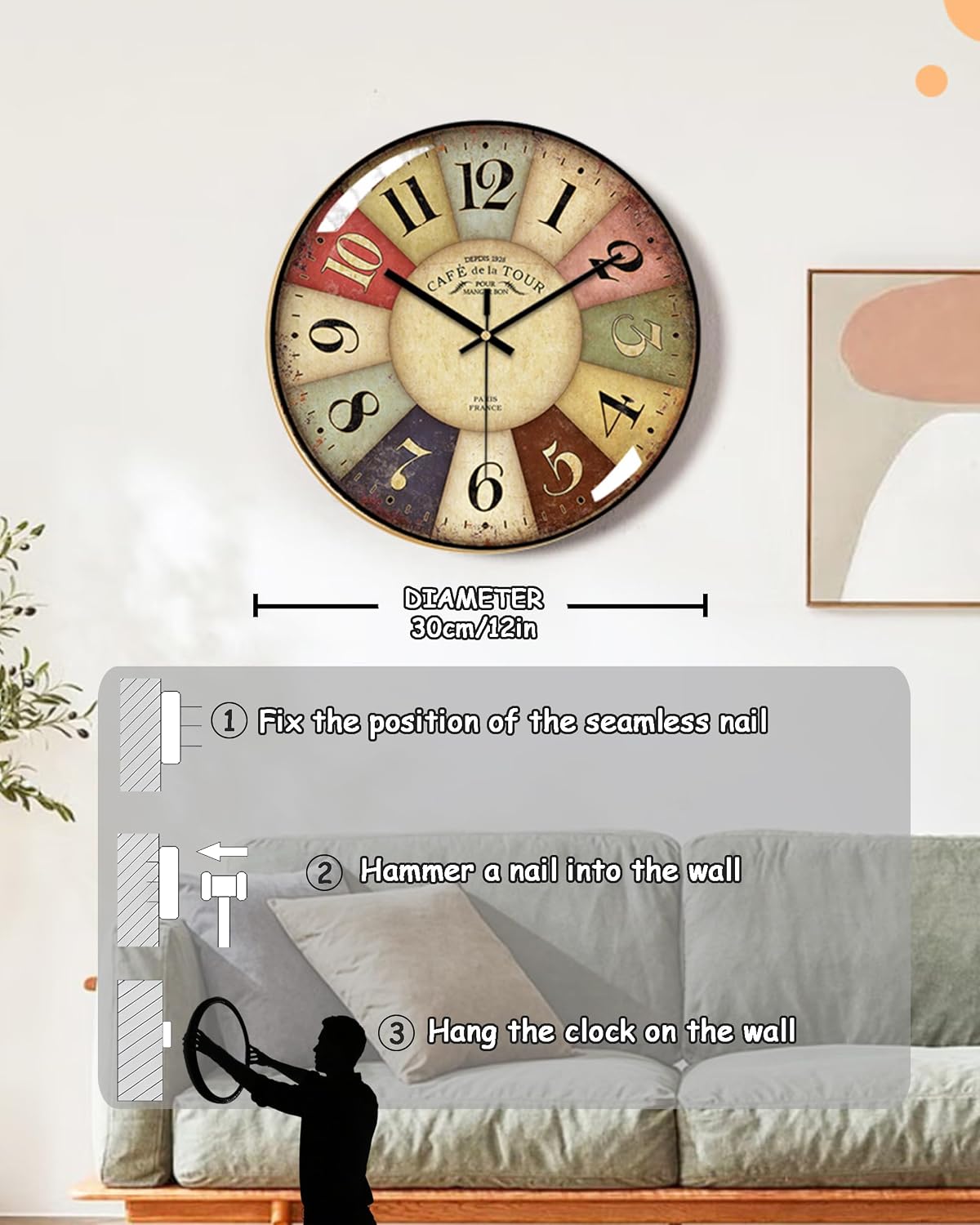 Vintage Wall Clock-12 Retro Rustic Style Quartz Clock,Silent Non-Ticking with Glass Dial,Battery Operated for Living Room, Kitchen, Home, Bathroom, Bedroom