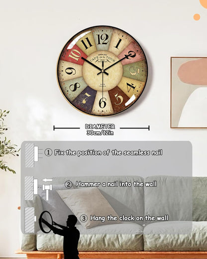 Vintage Wall Clock-12 Retro Rustic Style Quartz Clock,Silent Non-Ticking with Glass Dial,Battery Operated for Living Room, Kitchen, Home, Bathroom, Bedroom
