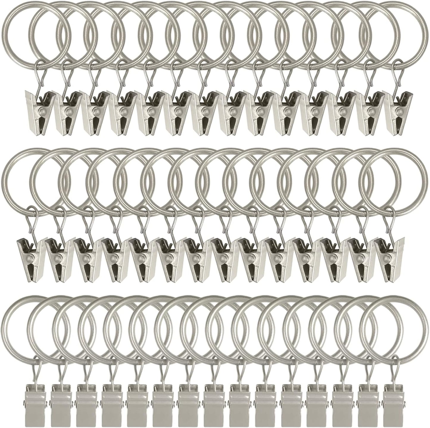 WeeksEight 44 Pack Matte Silver Curtain Rings with Clips, Curtain Hooks Hangers Clip Rings for Hanging Drapes Bows Hat, Drapery Rings 1 in I D, Fits up to 5/8 in Diameter Curtain Rod.