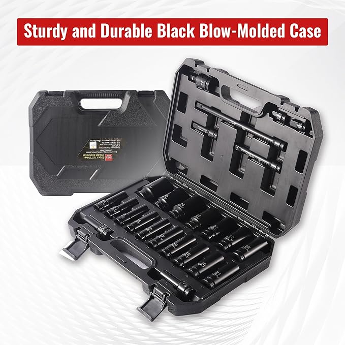 25-Piece 1/2" Drive Socket Set, Deep Sockets, Extension Bars, 1/2" F to 3/8" M - Image 6
