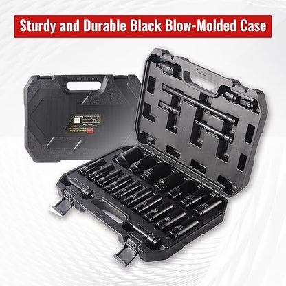 25-Piece 1/2" Drive Socket Set, Deep Sockets, Extension Bars, 1/2" F to 3/8" M - Image 6