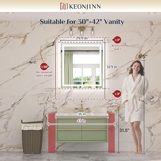 Keonjinn 30" x 32" Bathroom LED Mirror, Front & Back Lighted Mirror - Image 2