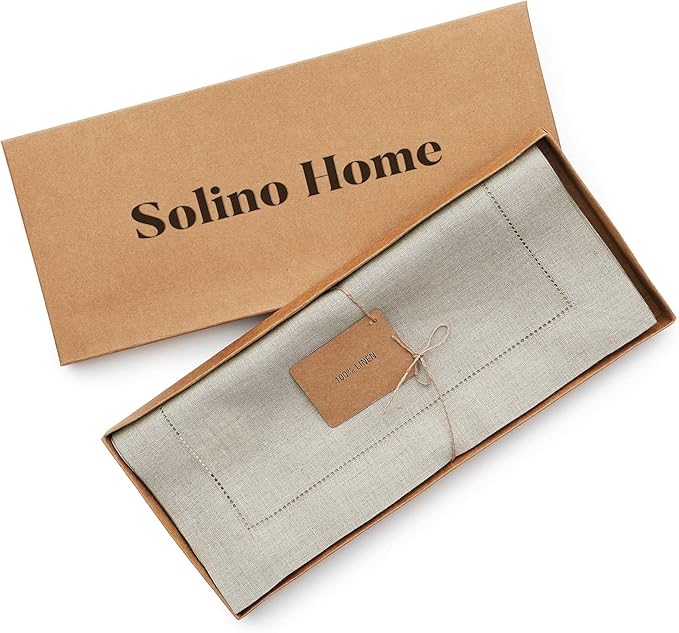 Solino Home Linen Natural Table Runner 48 Inches - Classic Hemstitch, 100% Pu...