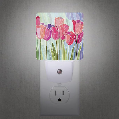 Smoaffly Pink Tulip Flowers Night Light Plug-in LED Nightlights Auto Sensor - Image 2