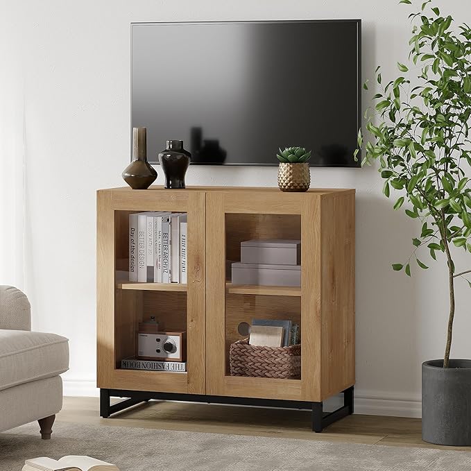 WAMPAT Modern TV Stand with Glass Doors by WAMPAT