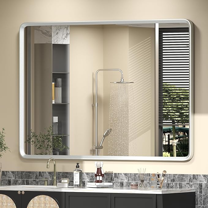 44x36 Inch Silver Framed Mirror, Brushed Nickel, Rounded Rectangle Mirror by GOLOMO
