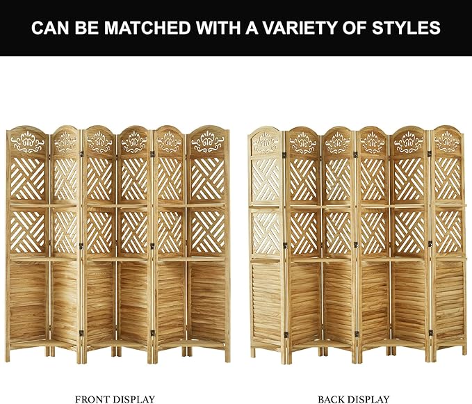 Svimi Room Divider with Shelves, 68.9inch Wood Carved and Louvered Wall Divider - Image 6
