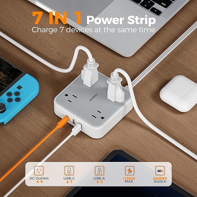 Surge Protector Long Extension Cord 25FT, TESSAN Flat Plug Power Strip - Image 3