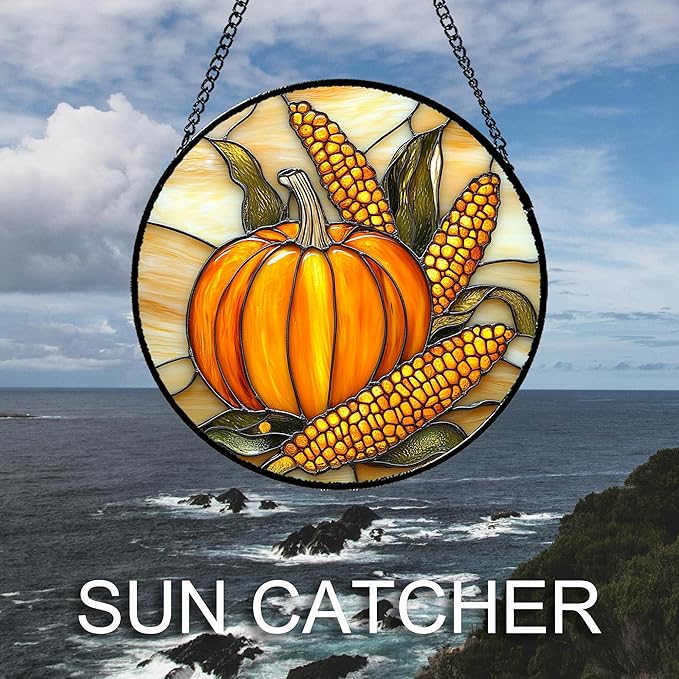 DASTOLL Stained Glass Window Hanging Autumn Harvest Pumpkin Corn 6.3" - Image 2