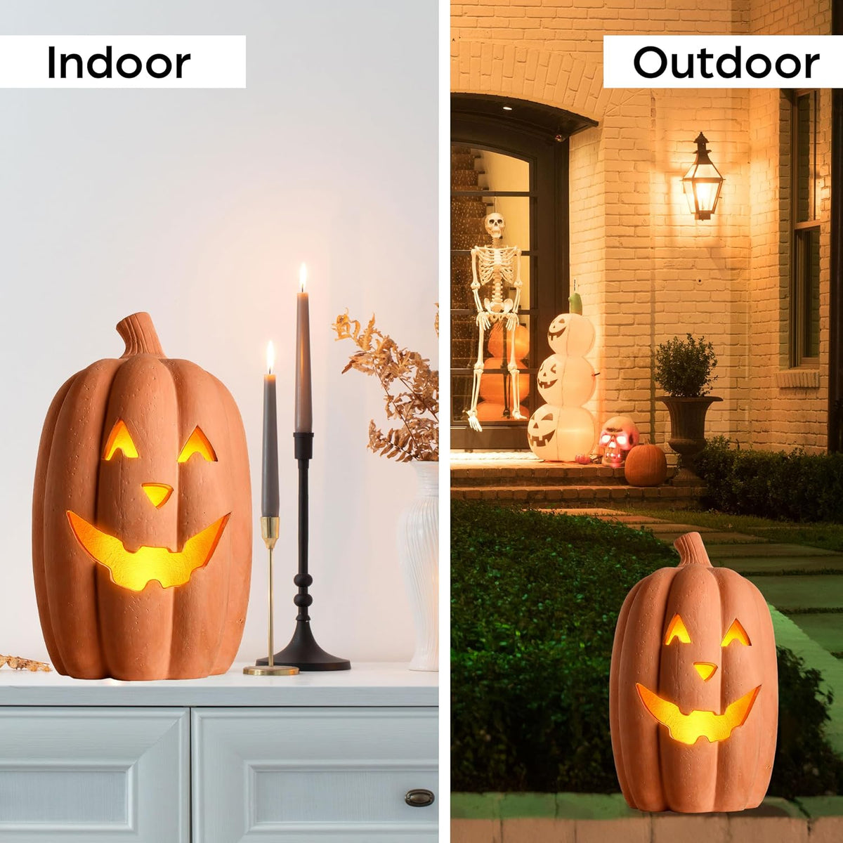 Halloween Lighted Terracotta Jack O Lantern Pumpkin 15 Inch Decor (Large)