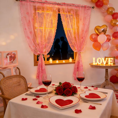 Valentine's Day Lace Curtains 63 Inch Length for Living Room Pink | Holiday Decoration Love Heart Embroidery Weave Sheer Curtains, Rod Pocket Country Rustic Drapes 54 x 63 Inch 2 Panels