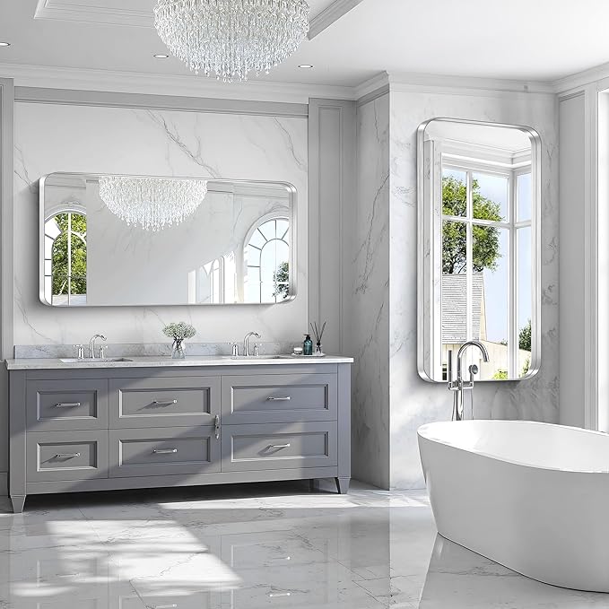 CIRCUMI Silver Bathroom Mirror, Rounded Corner, Tempered Glass, Large Mirror - Image 6