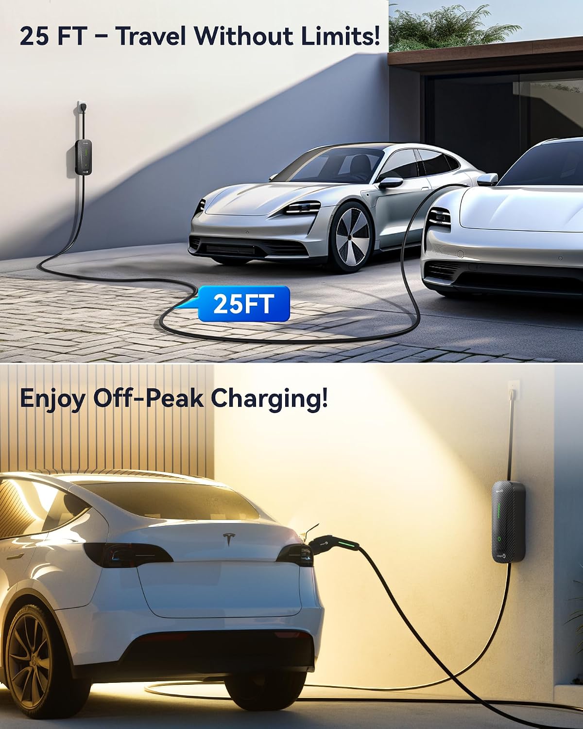 Ecogenix Level 1/2 EV Charger with Holder, 16A 25ft Cable Portable Mobile J17...