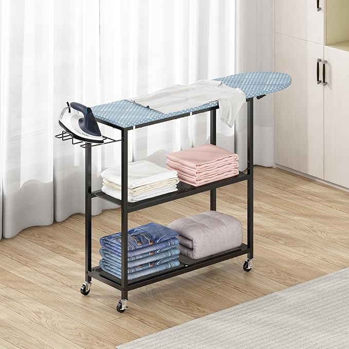 GILLAS Ironing Board with 2 Tier Storage Basket, Movable Ironing Board Full Size by GILLAS