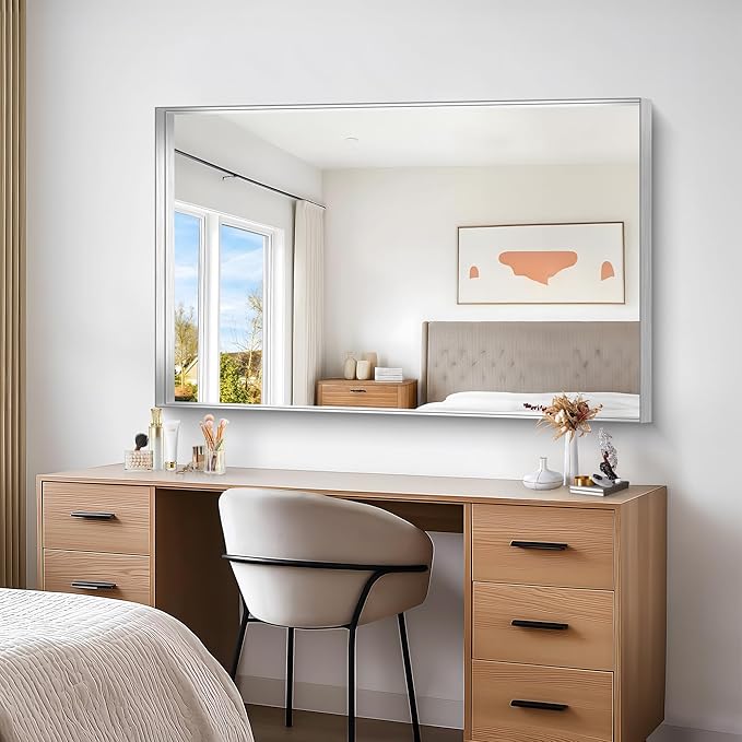 Silver Bathroom Mirror, 36x55 Inch Rectangular Deep Frame Mirror, Large Wall - Image 6