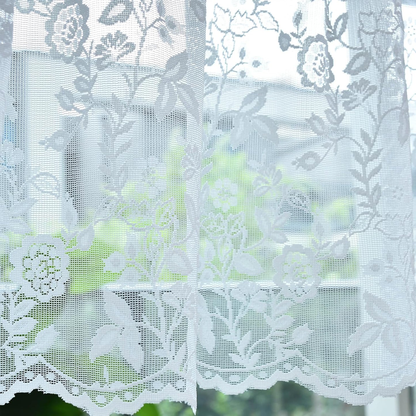 FINECITY White Lace Valance for Kitchen Window W52 x L18 Inch 1 Panel | Rod Pocket, Open Knit Layers, Daylight Eased, Fresh Look Adds Country Charm, Short Valance Keeps Glass Open, Privacy