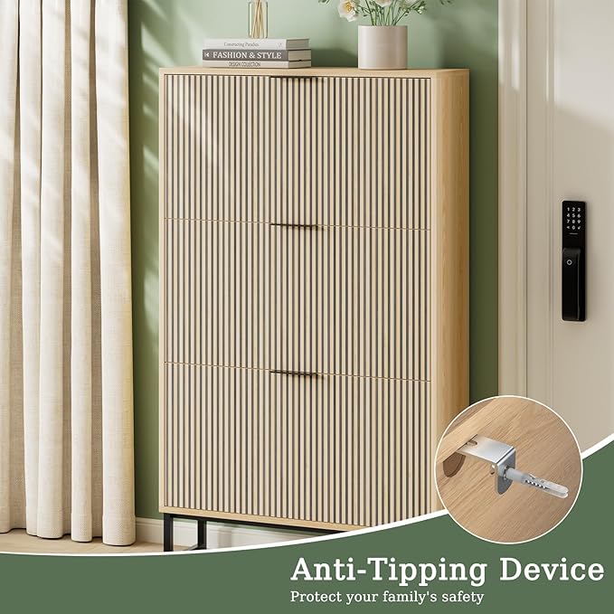 Shoe Cabinet Storage with 3 Flip Drawers, Shoe Organizer Cabinet - Image 7