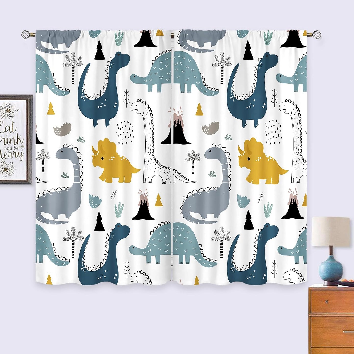 Dinosaur Kids Cartoon Dino Baby Boys Living Room Bedroom Window Curtains | 42"W x 45"L Cute Safari; fade-proof print, 2 panels, rod pocket, easy to install and washable.