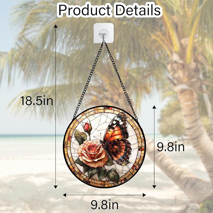 DASTOLL Stained Glass Window Hanging, Butterfly Picking Flowers Suncatcher - Image 3