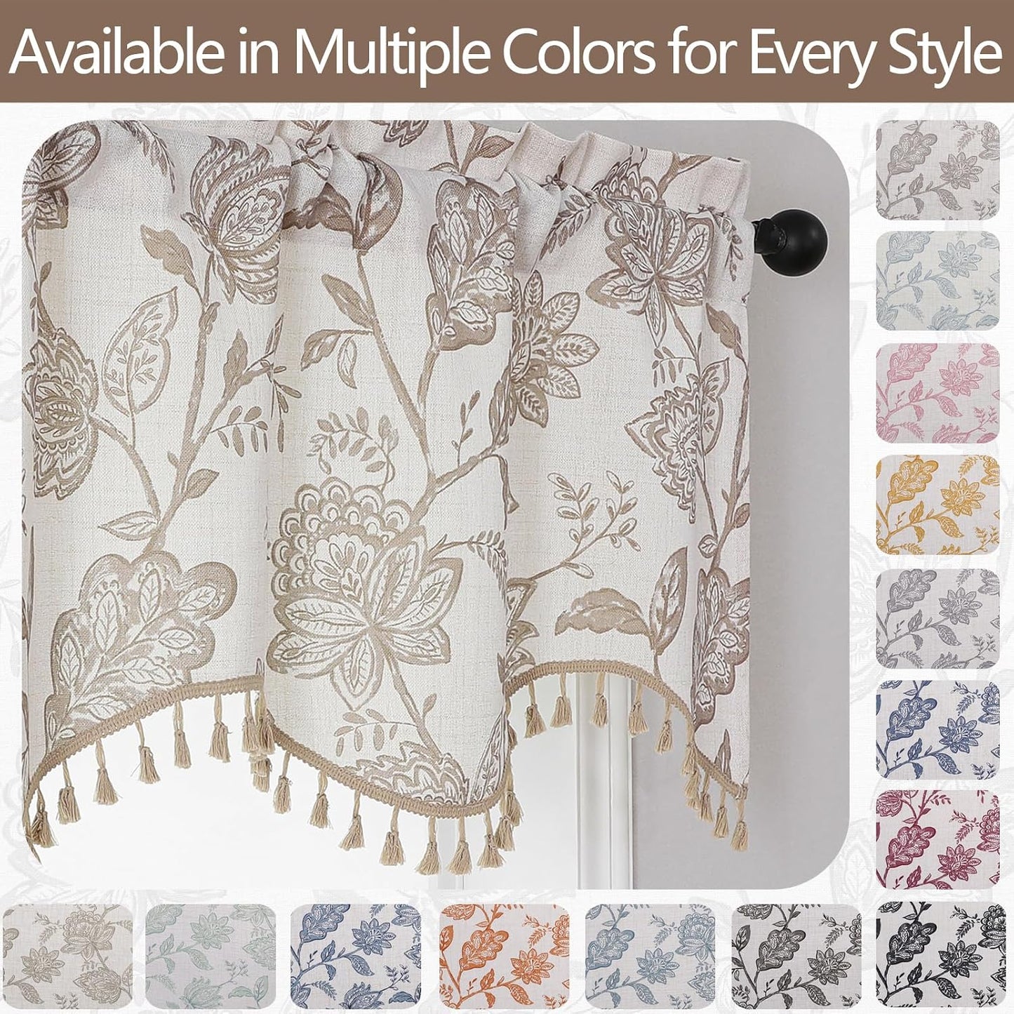 Scalloped Valance for Windows - Faux Linen Textured Short Kitchen Valance with Tassels, Farmhouse Floral Printed Small Window Curtains for Bathroom Basement RV, 1 Piece, 52Wx18L Inches, Taupe