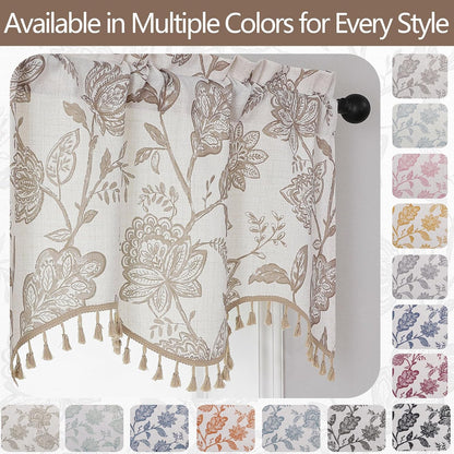 Scalloped Valance for Windows - Faux Linen Textured Short Kitchen Valance with Tassels, Farmhouse Floral Printed Small Window Curtains for Bathroom Basement RV, 1 Piece, 52Wx18L Inches, Taupe